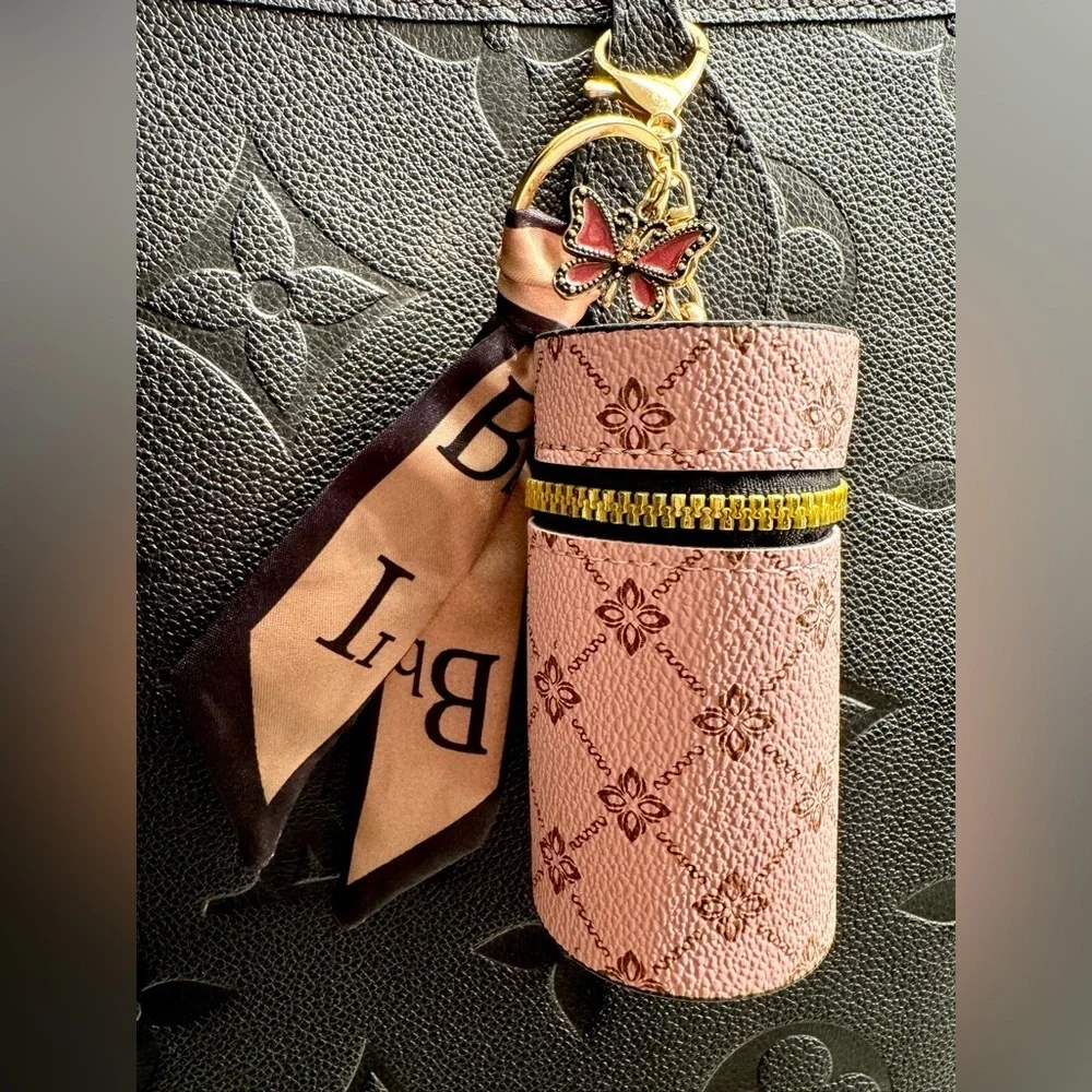 New Pink Flower Diamond Print Mini Bag Purse Charm Keychain w/ Scarf & Butterfly